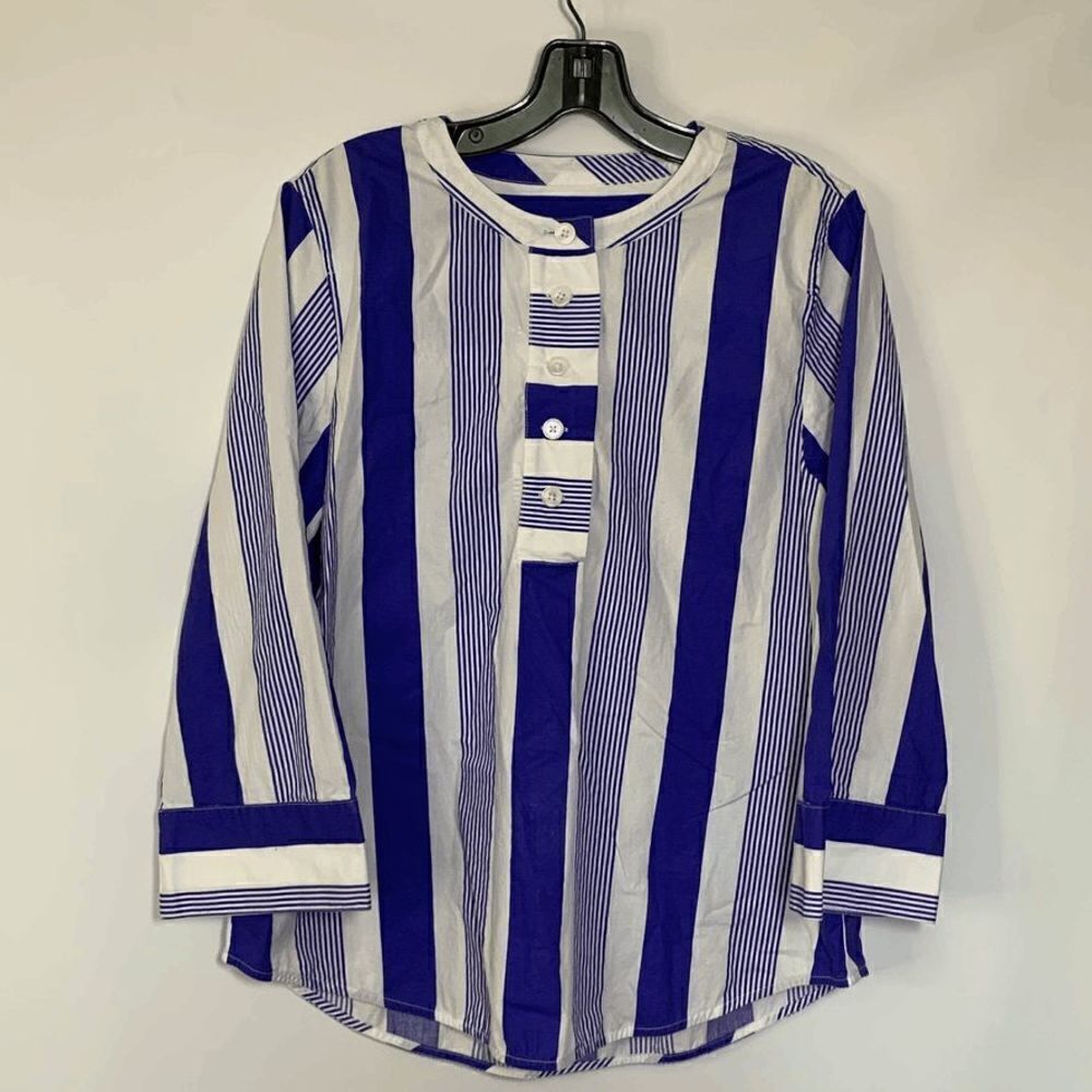 Re-imagined X J.Crew Women's Blue/White Stripes Quarter Button Long Sleeve Top S